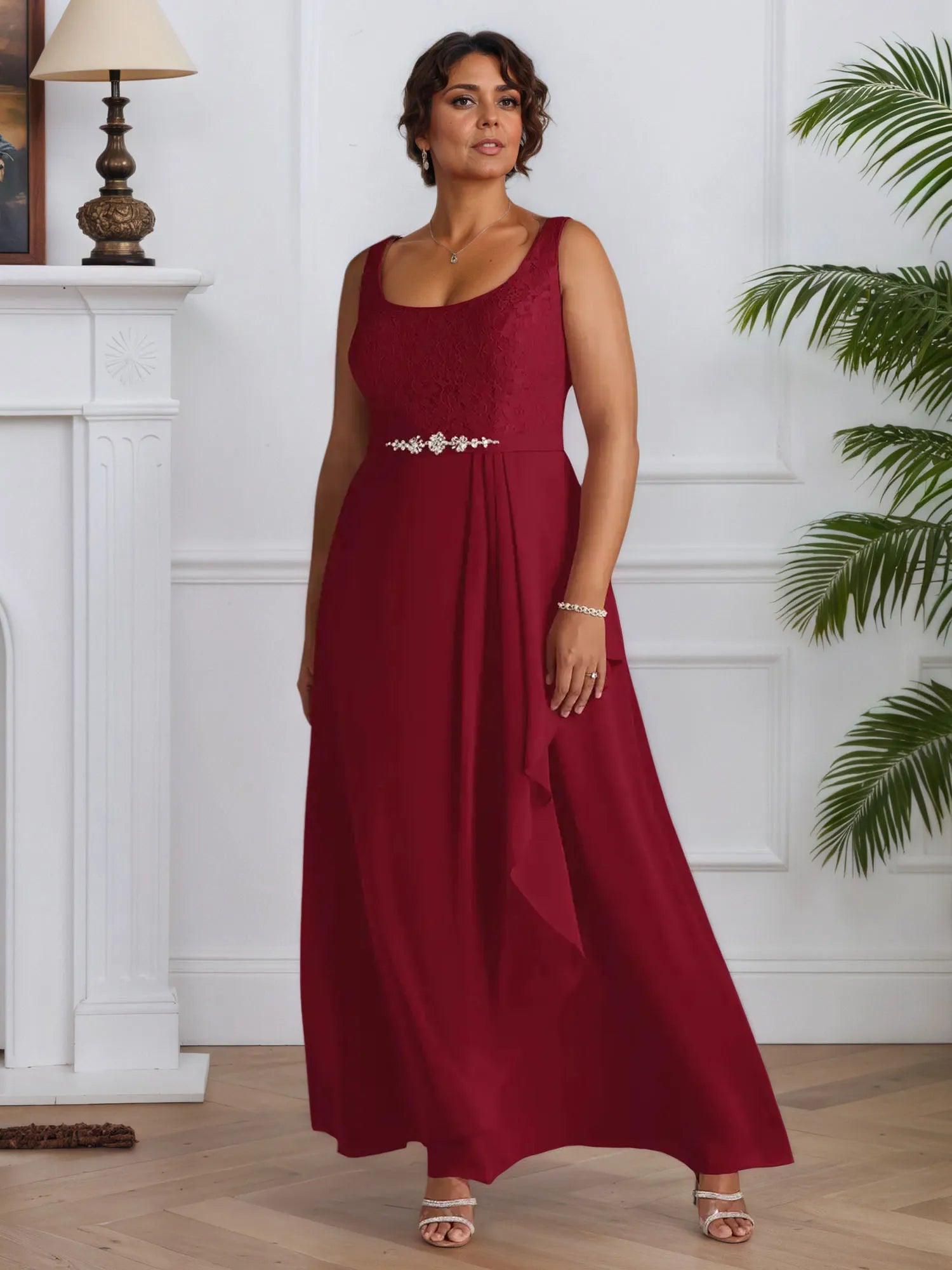 Abito da madre della sposa in chiffon con pizzo, linea A e scollo quadrato