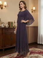 Vestido largo hasta el tobillo línea A con escote ilusión, encaje y gasa para madre de la novia con lentejuelas