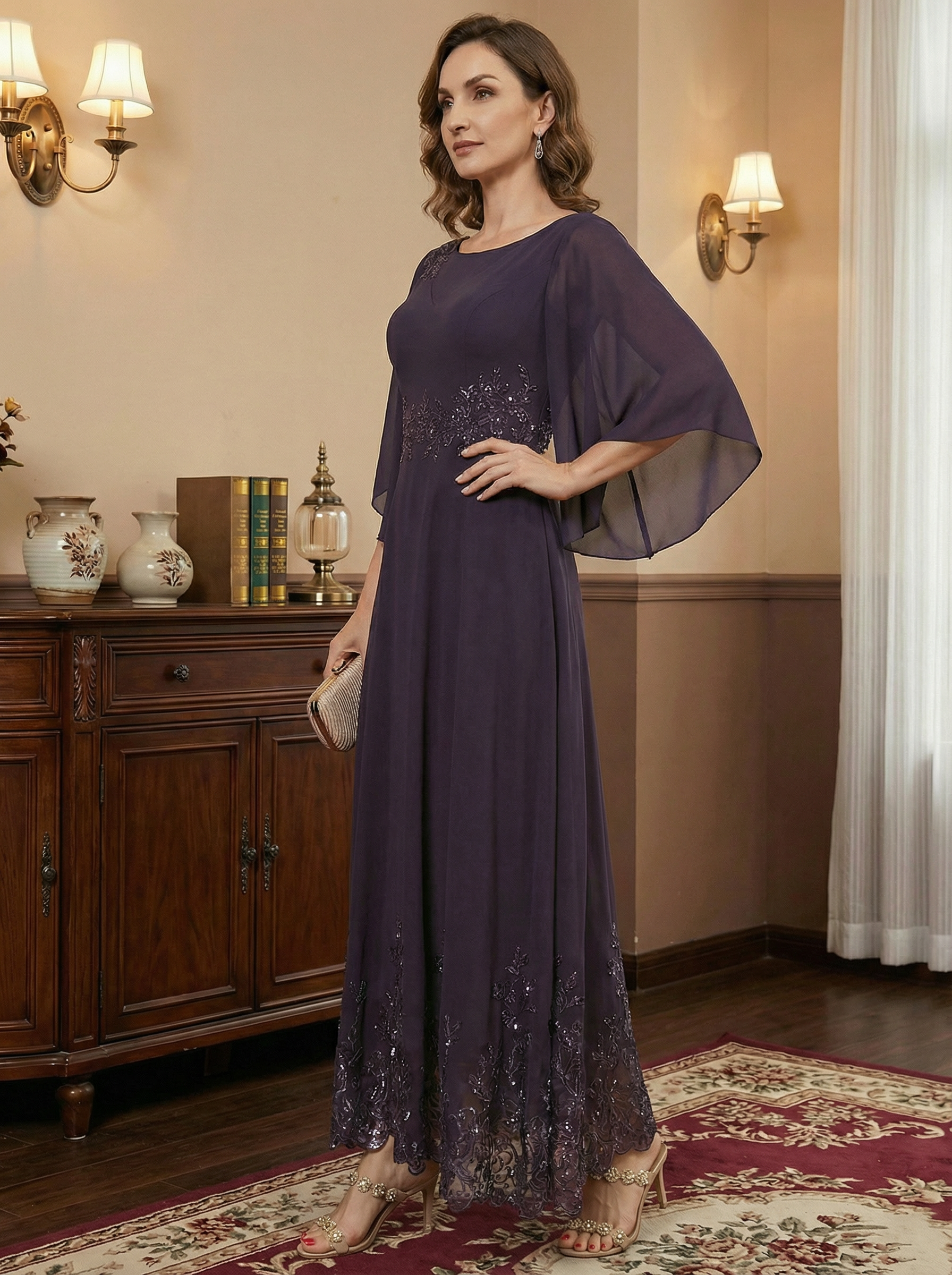 Vestido largo hasta el tobillo línea A con escote ilusión, encaje y gasa para madre de la novia con lentejuelas