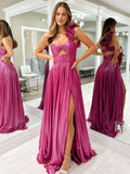 Fuchsiafarbenes A-Linien Ein-Schulter Metallic langes Ballkleid mit Schlitz