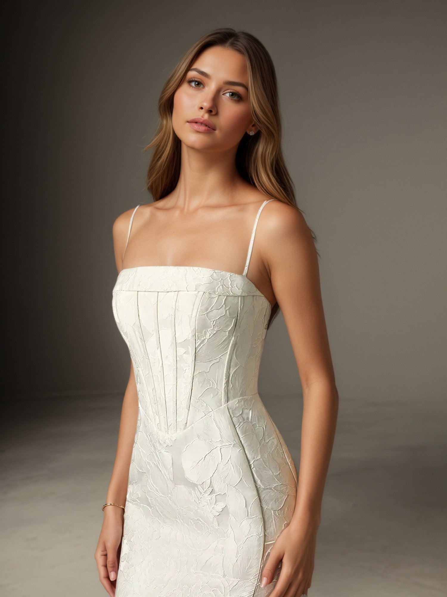 Vestido de novia blanco sirena sin tirantes de jacquard floral
