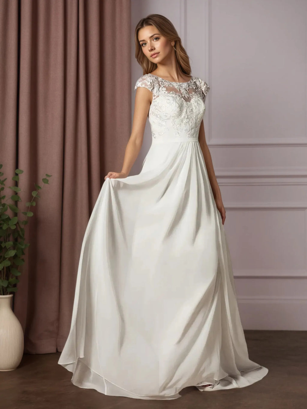 Vestido de novia línea A blanco con escote redondo y lentejuelas de gasa