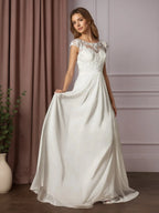 Vestido de novia línea A blanco con escote redondo y lentejuelas de gasa