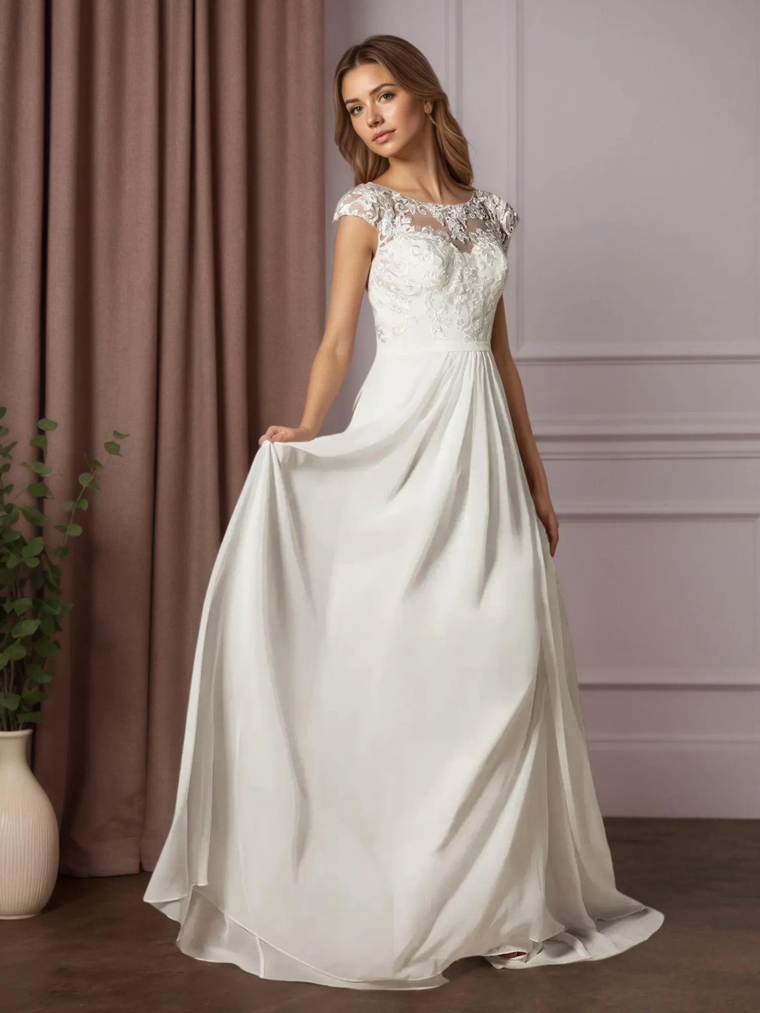 Vestido de novia línea A blanco con escote redondo y lentejuelas de gasa