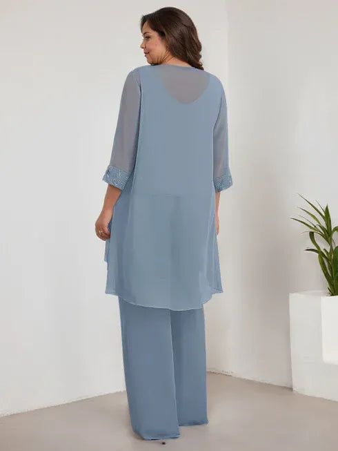 Chiffon Kleid mit Rundhalsausschnitt und langen Ärmeln, Mutter-der-Braut Hosenanzug mit Jacke