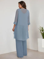 Chiffon Kleid mit Rundhalsausschnitt und langen Ärmeln, Mutter-der-Braut Hosenanzug mit Jacke