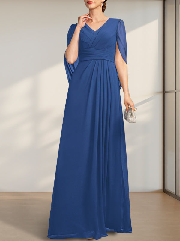 A-Linien V-Ausschnitt bodenlanges Chiffonkleid für die Brautmutter mit Falten