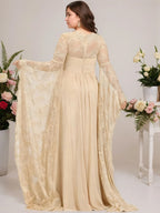 A-Linien quadratisches bodenlanges Chiffon-Spitzen-Abendkleid mit Perlenbesatz und Plissees