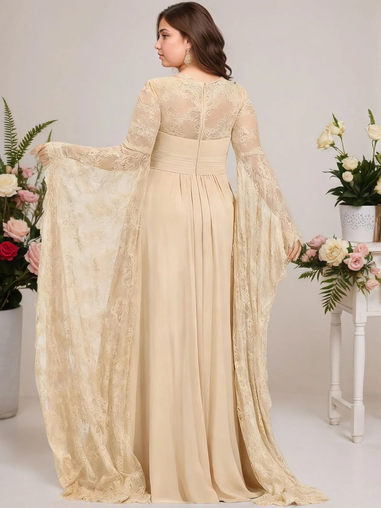 A-line Square Floor-Length Chiffon Lace Evening Dress With Beading Pleated