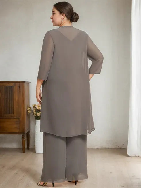 Conjunto de mono/pantalón separado de madre de la novia con encaje de gasa hasta el suelo, escote redondo y adornos de cuentas y lentejuelas