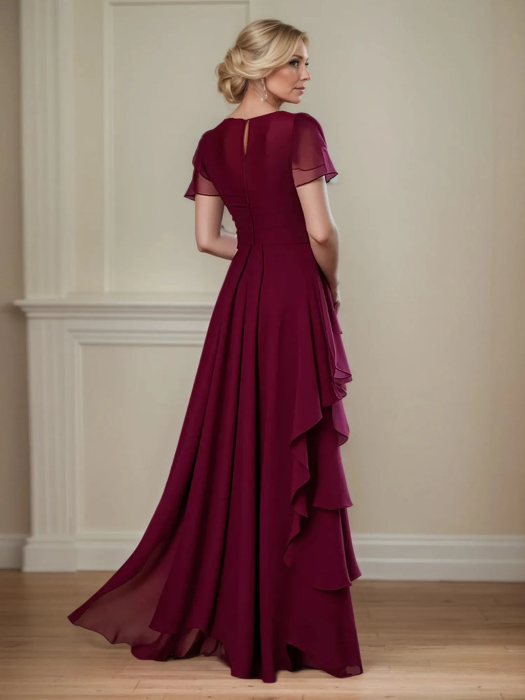 A-Linien Kleid mit Rundhalsausschnitt, kurzen Ärmeln und Rüschen, Chiffon, Mutter der Braut