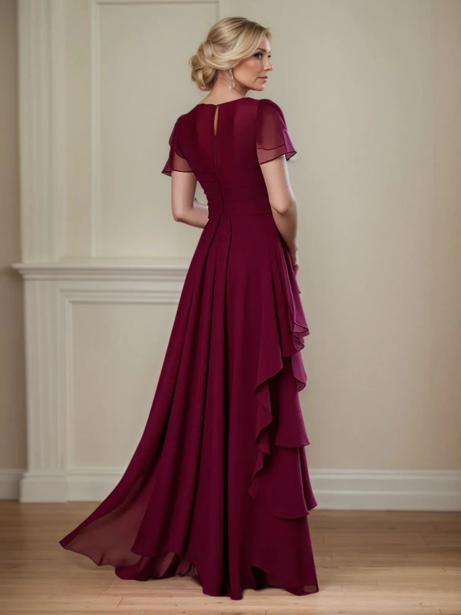 A-Linien Kleid mit Rundhalsausschnitt, kurzen Ärmeln und Rüschen, Chiffon, Mutter der Braut