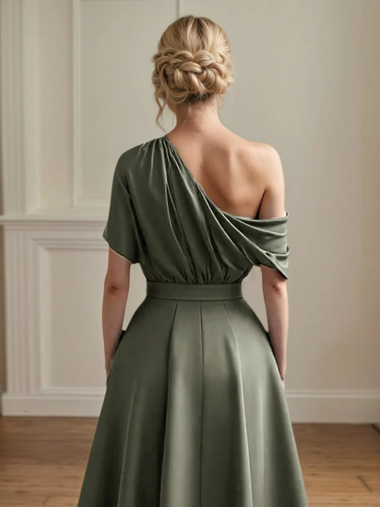 A Line Satin One Shoulder Pleated Ankle Length Mother of the Bride Dress