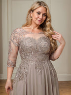 A-line Scoop Illusion Floor-Length Lace Chiffon Mother of the Bride Dress With Sequins