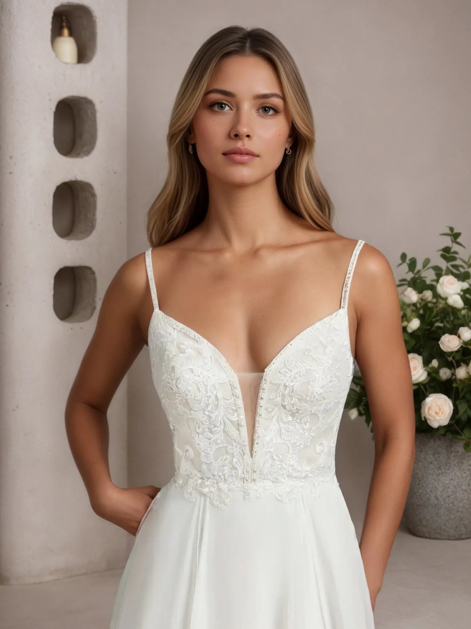 Vestido de novia blanco de gasa con lentejuelas sin mangas y escote off the shoulder en línea A