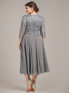 A-line Scoop Tea-Length Lace Chiffon Mother of the Bride Dress