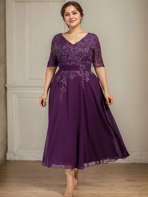 A-Linien V-Ausschnitt Tea-Length Spitzen-Chiffon Kleid für die Mutter der Braut mit Pailletten