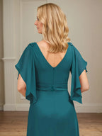 A-Linien V-Ausschnitt Appliziertes bodenlanges Kleid für die Brautmutter mit Rüschen