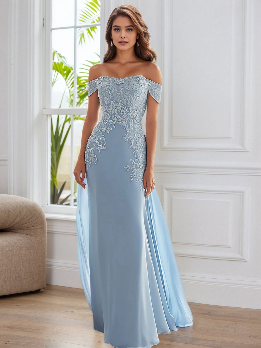 Elegantes schulterfreies Chiffon-Etuikleid lang Mutter der Braut mit Spitzenapplikationen