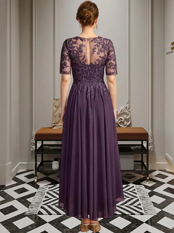 A-Linien Scoop-Ausschnitt Illusion asymmetrisches Chiffon-Spitzen-Mutter-der-Braut-Kleid mit Pailletten