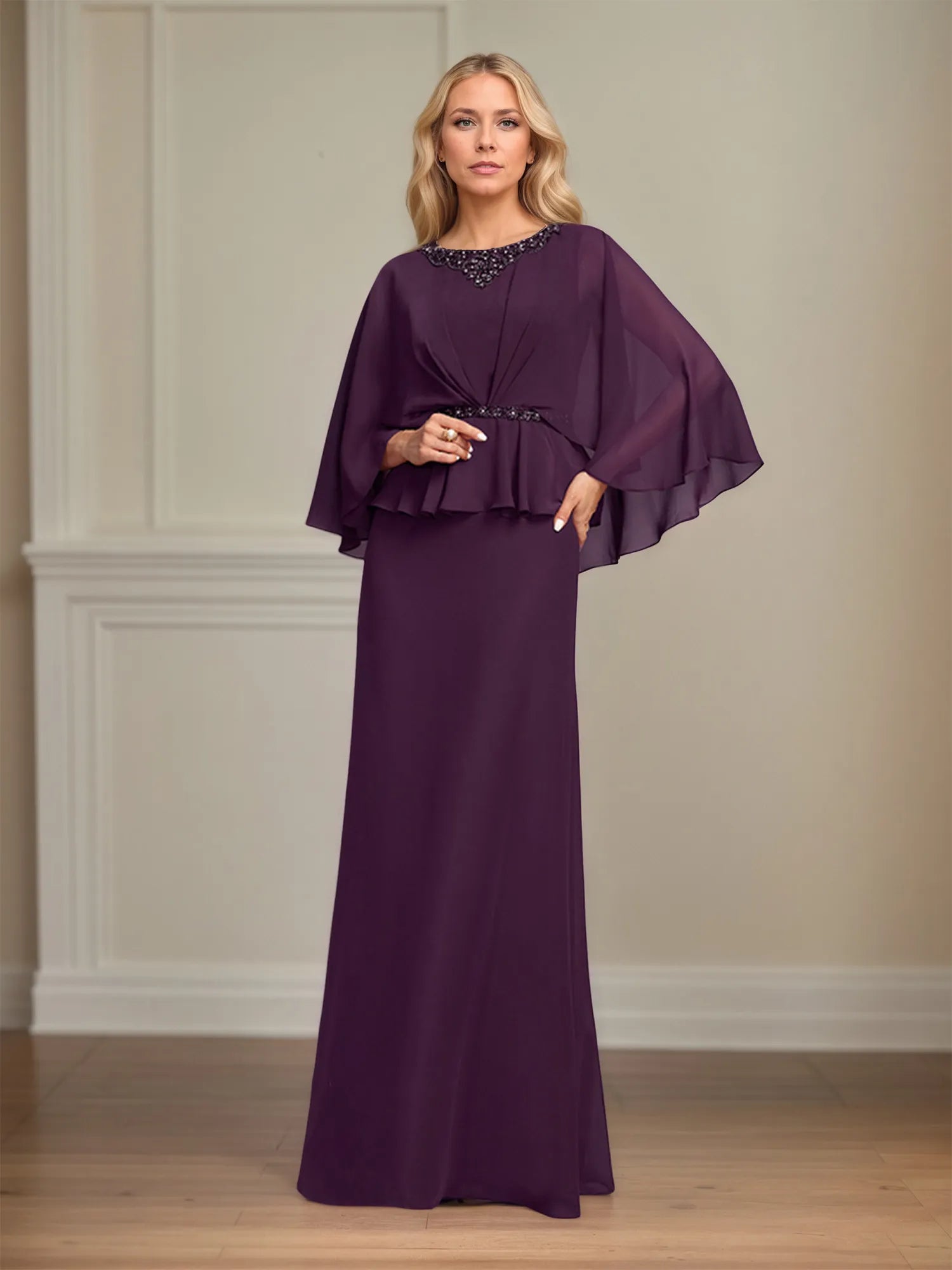 A-Linien U-Ausschnitt bodenlanges Chiffon-Mutter-der-Braut-Kleid mit plissierten Pailletten und Perlen