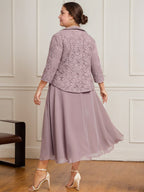 A-Linien Kleid mit Rundhalsausschnitt, tea-länge, Spitze und Chiffon, Mutter der Braut Kleid