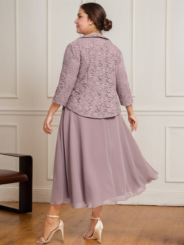 A-Linien Kleid mit Rundhalsausschnitt, tea-länge, Spitze und Chiffon, Mutter der Braut Kleid