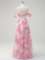 Rosa Blumen Schulterfreies Korsett A-Linien Lang Ballkleid