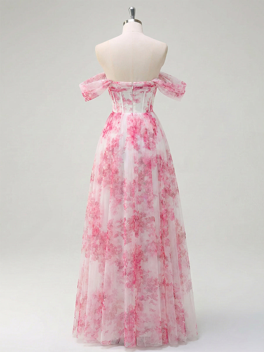 Rosa Blumen Schulterfreies Korsett A-Linien Lang Ballkleid