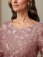 Robe mère de la mariée maxi en dentelle froncée ligne A col rond à volants