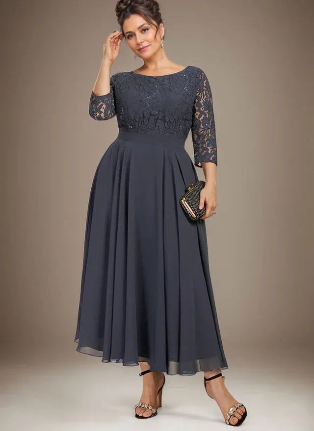 A-Linien Spitzen-Chiffon-Brautmutterkleid mit V-Ausschnitt, tea-length, mit Pailletten