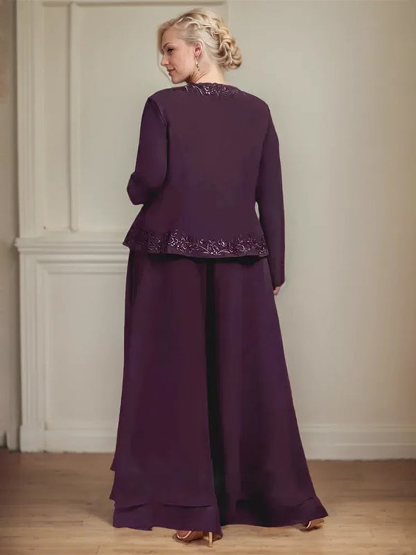 Conjunto separado mono/pantalón de encaje y gasa hasta el tobillo para madre de la novia con lentejuelas