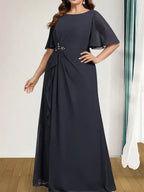 A-Linien Rundhals bodenlanges Chiffon Mutter der Braut Kleid mit kaskadierenden Rüschen Perlen Pailletten