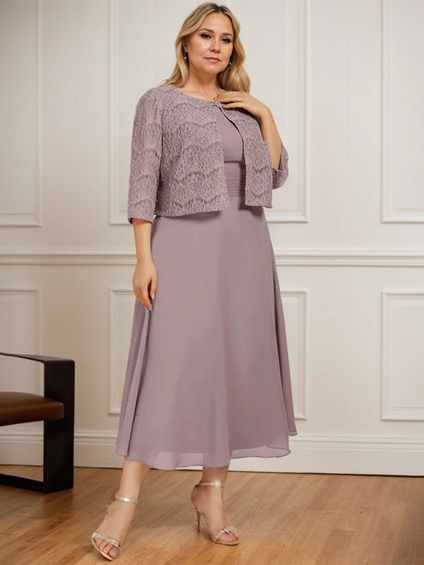 Robe de mère de la mariée en mousseline longueur thé ligne A à encolure dégagée avec plis