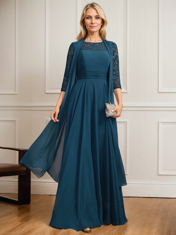 Vestido para madre de la novia línea A con escote redondo ilusión, largo hasta el suelo, encaje y chiffon plisado