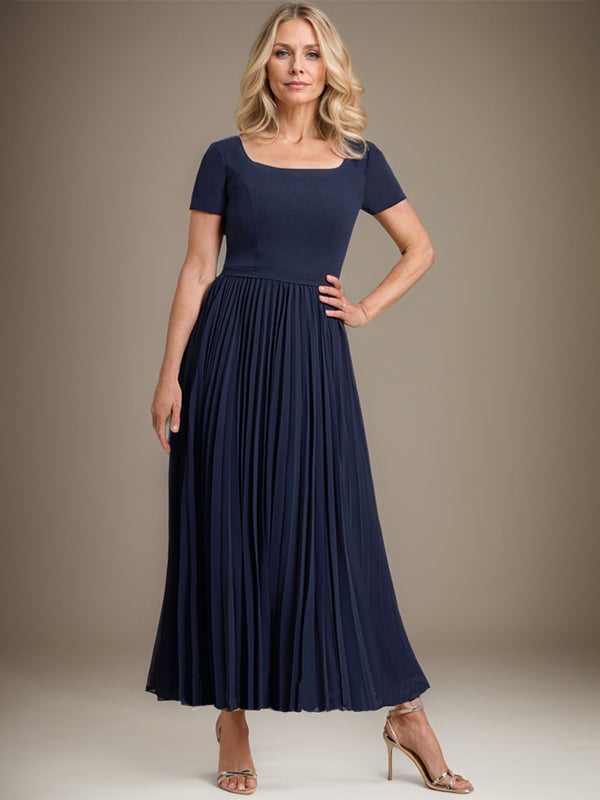Abito da madre della sposa a linea A, scollo quadrato, lunghezza alla caviglia in chiffon con pieghe