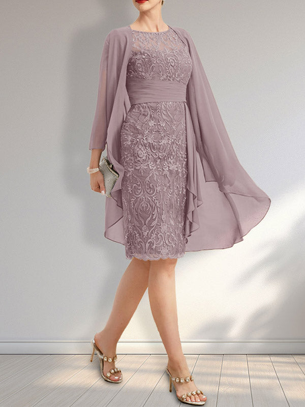 Etui Rundhals Illusions-Knie-lang Spitzen-Chiffon Brautmutterkleid mit Kaskaden-Rüschen und Pailletten