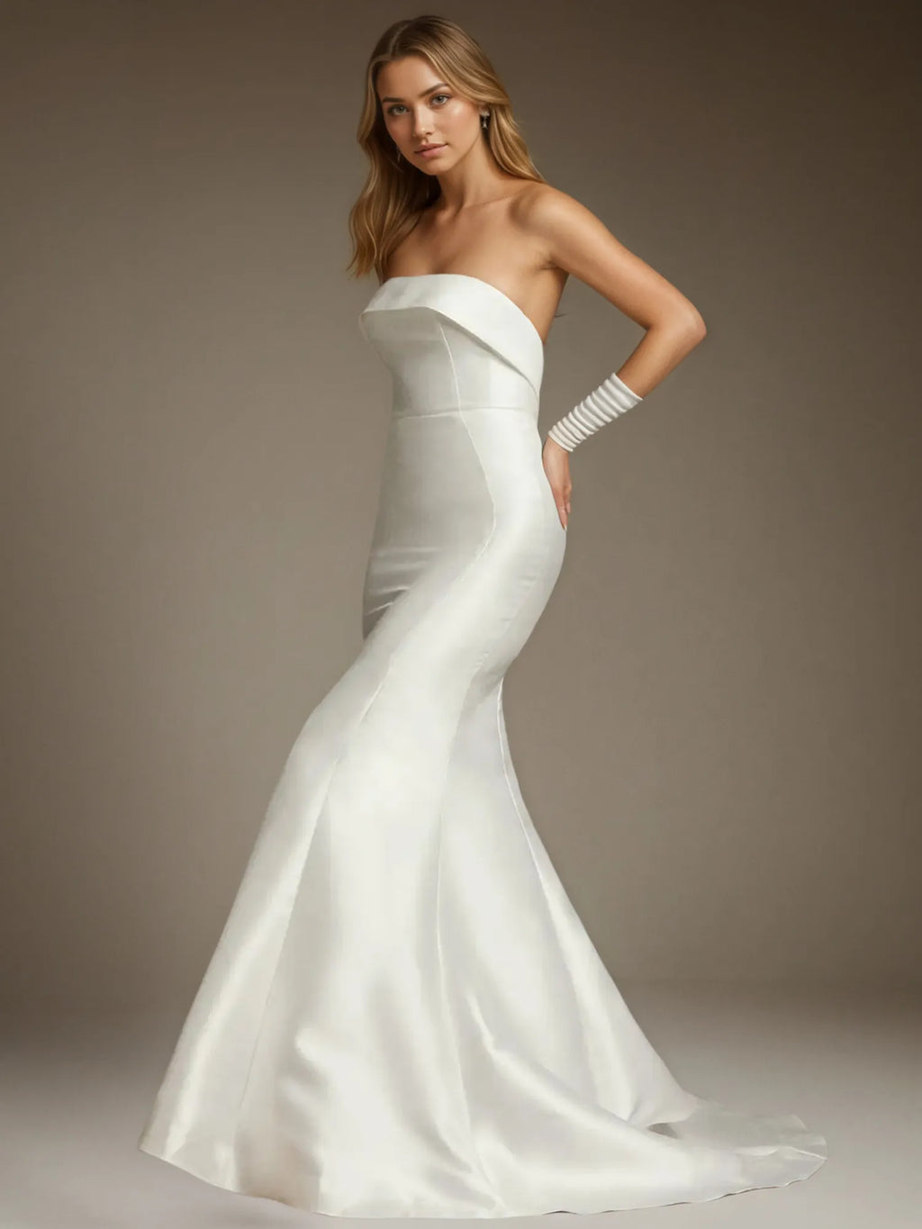 Vestido de novia blanco sirena sin tirantes con lazo