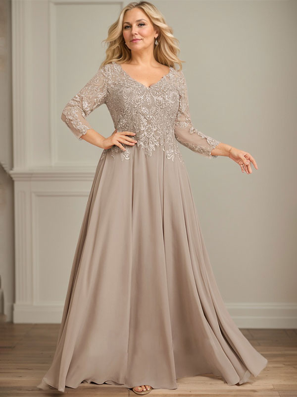 Vestido para madre de la novia línea A con escote en V, largo hasta el suelo, de encaje y gasa con lentejuelas