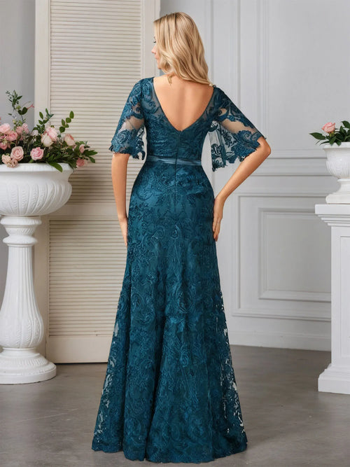 Robe de soirée longue en dentelle, ligne A, col rond avec appliques