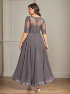 A-Linien Bootsausschnitt Illusionskleid mit asymmetrischem Chiffon-Spitzenstoff, Mutter-der-Braut-Kleid mit Paillettenperlen