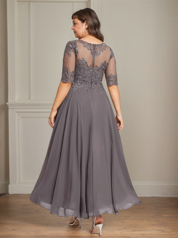 A-Linien Bootsausschnitt Illusionskleid mit asymmetrischem Chiffon-Spitzenstoff, Mutter-der-Braut-Kleid mit Paillettenperlen