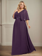 Vestido de madre de la novia en línea A de gasa con escote en V, largo hasta el suelo, con apliques plisados de lentejuelas y encaje