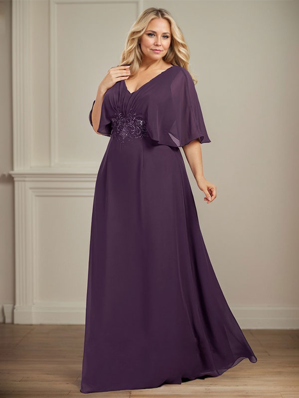 Vestido de madre de la novia en línea A de gasa con escote en V, largo hasta el suelo, con apliques plisados de lentejuelas y encaje