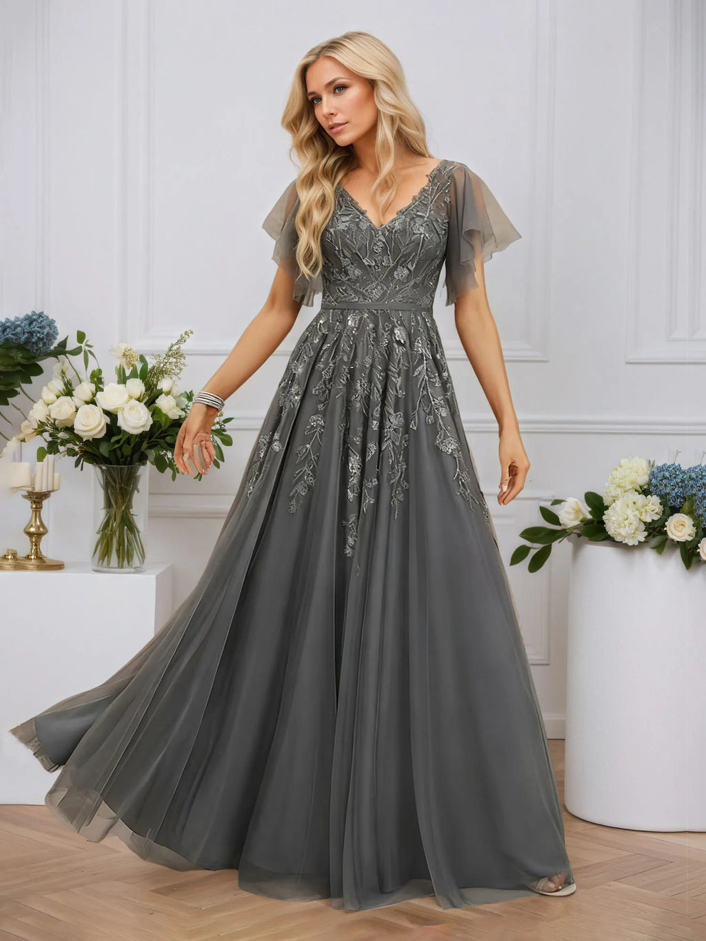 A-line V-Neck Floor-Length Tulle Lace Evening Dress With Sequins