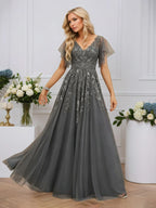 A-line V-Neck Floor-Length Tulle Lace Evening Dress With Sequins