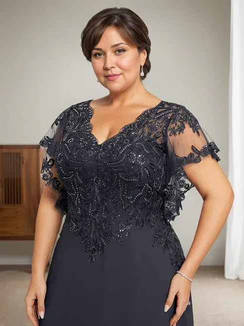 A-Linien V-Ausschnitt Bodenlanges Spitzen-Chiffon Kleid für die Brautmutter mit Pailletten