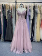 Dusty Pink A Line Lace Applique Tulle Corset Prom Dress