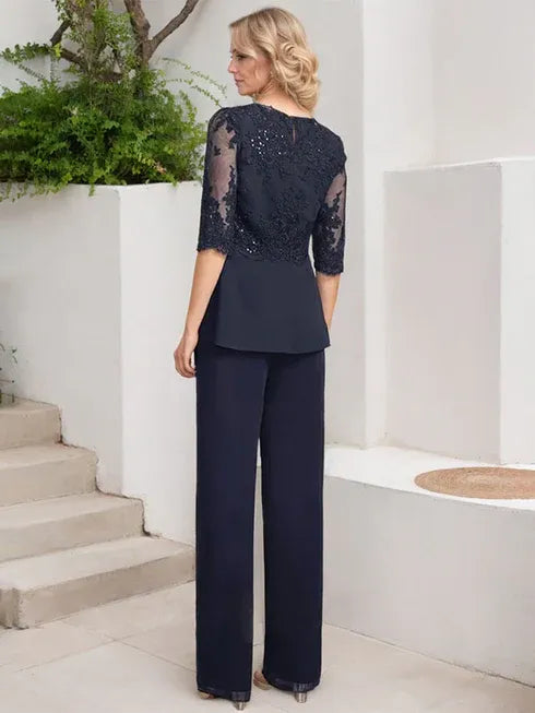 Conjunto de mono/pantalón con escote redondo, largo hasta el suelo, de gasa y encaje para madre de la novia con lentejuelas