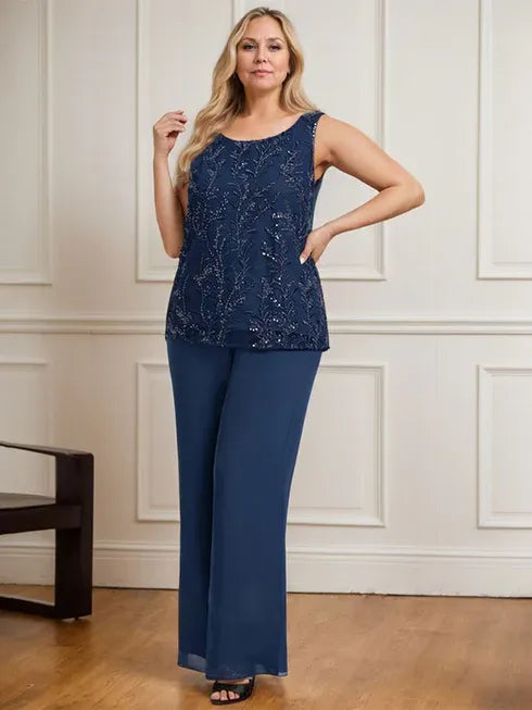 Conjunto separado mono/pantalón con escote redondo, encaje y gasa largo hasta el suelo para madre de la novia con lentejuelas